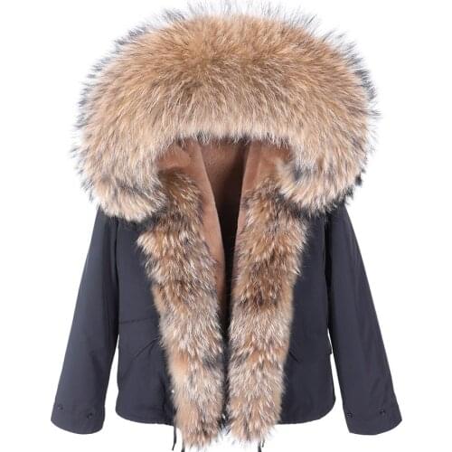 Women Natural Fur Coat Real Raccoon Fur Collar Parkas Faux Fur Lining Short Jacket Waterproof Women Coat Streetwear Detachable