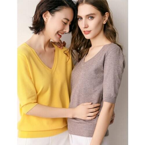 Women casual v-neck knitted t-shirts solid comfortable female elegant loose pullover tops for ladies half sleeved autumn clothes