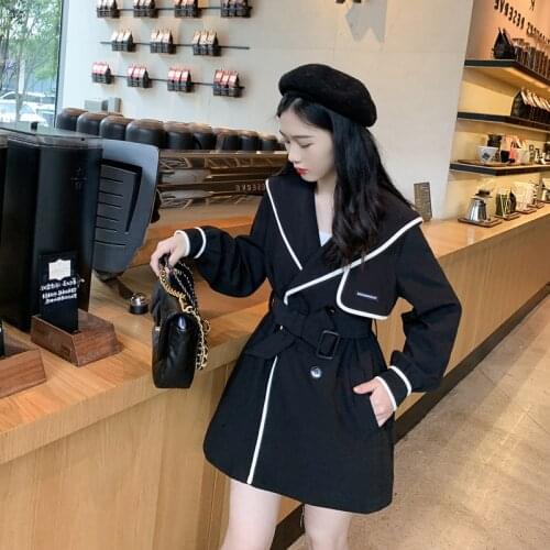 Spring Autumn Trench Coat For Women Retro French Design Waist Navy Collar Small Temperament Long Sleeve Black Windbreaker Female