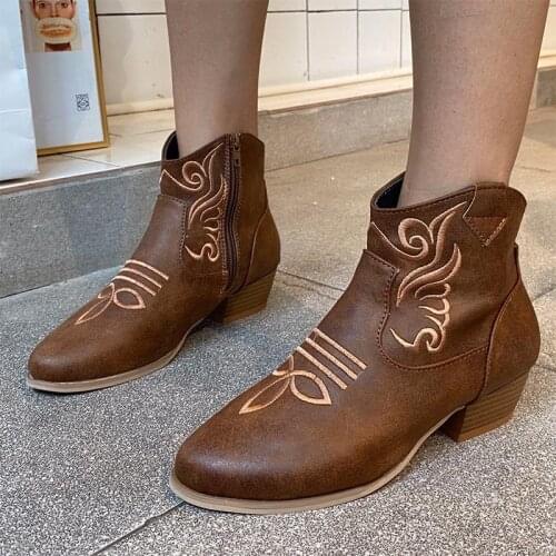 Women Ankle Boots Shoes Ladies PU Leather Mid Heel Fad Female Autumn Vogue Plus Size Boots New