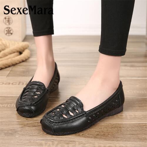SexeMara Women Weave Flats Shoes Genuine Leather Slip on Moccasins Female Summer Casual Nurse Peas Loafer Flats Shoes Size 40