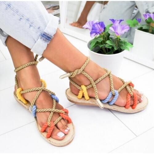2020 Summer Fashion NEW Women Ladies Weaving Sandals Casual Hemp Rope Toe Beach Slippers Cross Tied Shoes Large Size