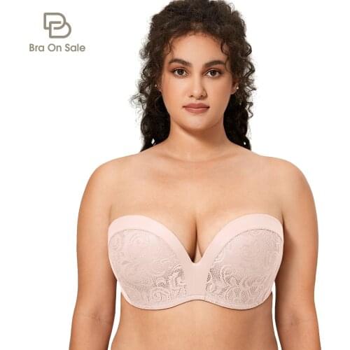 Womens Plus Size Slightly Lined Lift Great Support Underwire Lace Strapless Bra Silicone