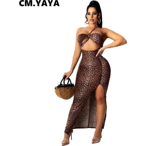 CM.YAYA Women Set Leopard Sleeveless One Shoulder Strap Crop Tops Long Splited Skirts Two 2 Piece Sets Sexy Fashion Outfi Summer