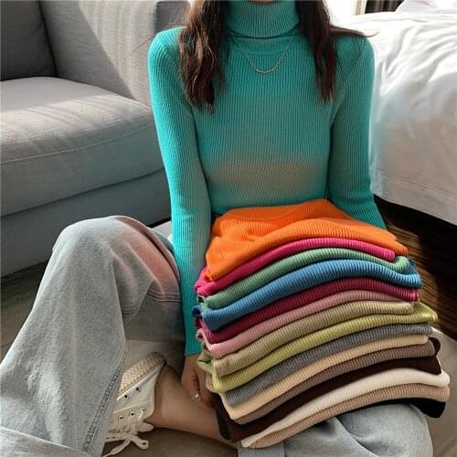 2021 New Autumn Winter Women Sweater Elegant Candy Color Casual Street Slim Knitted Turtleneck Pullovers