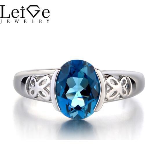 Leige Jewelry Solid 925 Sterling Silver Ring London Blue Topaz Fine Gemstone Birthstone Oval Cut Promise Wedding Rings for Women
