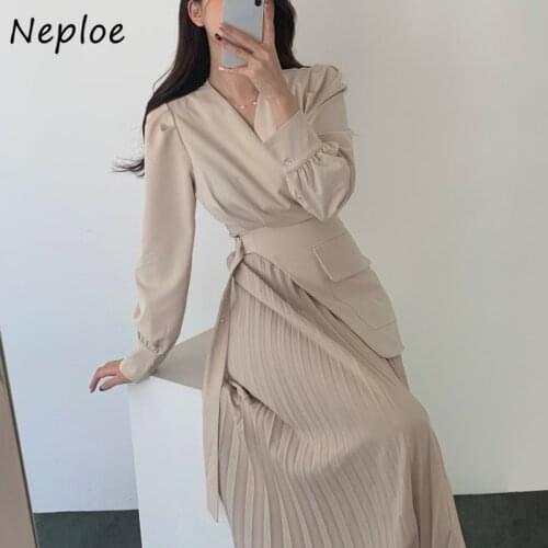 Fashion Temperament Fake 2 Pcs Ol Dress Women High Waist Hip Sashes A Line Pleat Vestidos V Neck Long Sleeve Robe Spring