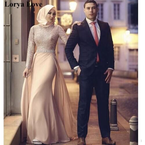 Elegant Mermaid Muslim Evening Dresses 2020 Dubai Saudi Arabic Long Sleeves Robe De Soiree Prom Gowns Women Formal Party Dress