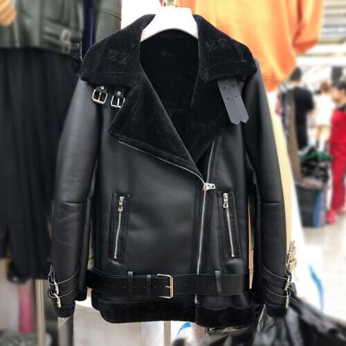Winter Sheepskin Coats Women Thick Faux Leather Fur Coat European Fur Lining Leather Jacket Moto &biker Jacket casaco feminino