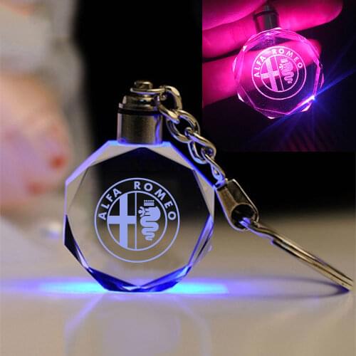 1pcs Crystal Crafts With Changing Colorful LED Light Laser Engraved DIY Car Key Chain for alfa romeo 147 156 159 166