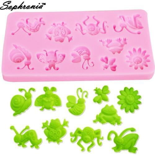 10PCS/SET 3D Insect Theme Silicone Fondant Mold Beetle Frog Bee Snail Spider Chocolate Mold Christmas Cake Decoration Tool M078
