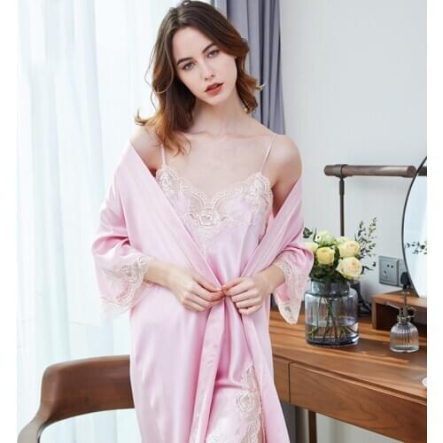 100% Silk Sleepwear Women Robe Nightwear Silk Nightgown Female Sling Lace Pure Pink Mulberry Long Nightdress Women