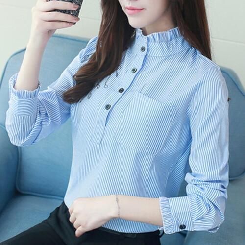 Office Womens Tops And Blouses Long Sleeve Striped Shirt O Neck Blue Pink Ladies Work Shirts Women Blusas Femininas Large Size