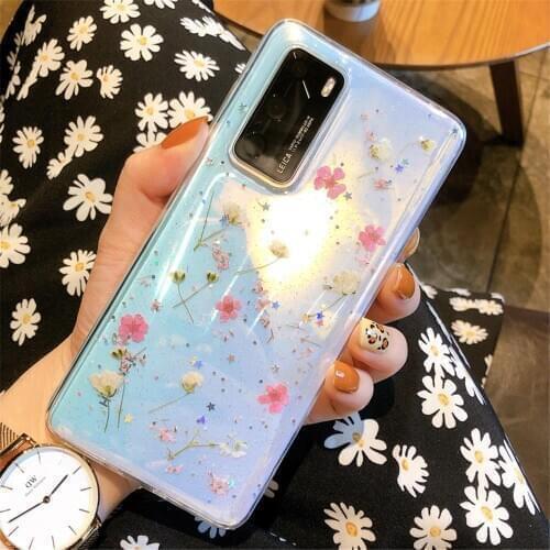 Laser Glitter Real Dried Flower Case for Huawei P30 Pro P40 Pro Mate 30 30pro Transparent Sequins Epoxy Soft Tpu Silicone Cover