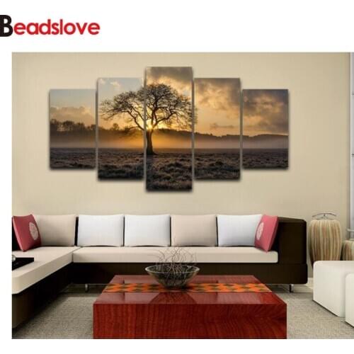 DIY 5D Diamond Painting Multi-picture diamond Embroidery 5 Panel Poster Sunrise Tree Landscape Photo For Living Room Decor