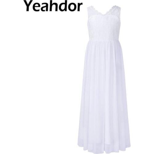Flower Girl Dresses Kids Girls Sleeveless V-Neck Hollow Out Lace Wedding Dress Sexy Open V-Back Long Dress for Girls Bridesmaid