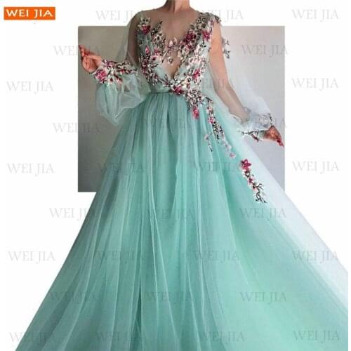 Eightale Green Prom Dresses O-Neck Appliques 3D Flowers Tulle A-Line Long Sleeves Vestidos De Gala For Graduation Party Gowns