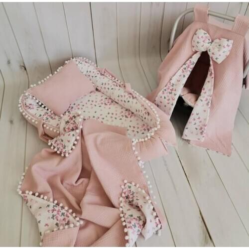 Jaju Baby Wafle Pique Fabric Pompon Babynest Stroller Cover Pique 5 Piece Set