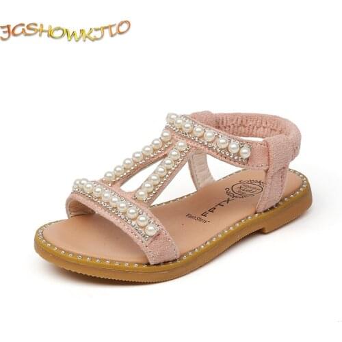 JGSHOWKITO Chic Girls Sandals Pearl Beaded Gladiator Sandals For Toddlers Kids Children Beach Shoes Beading Rhinestone Hot Brand