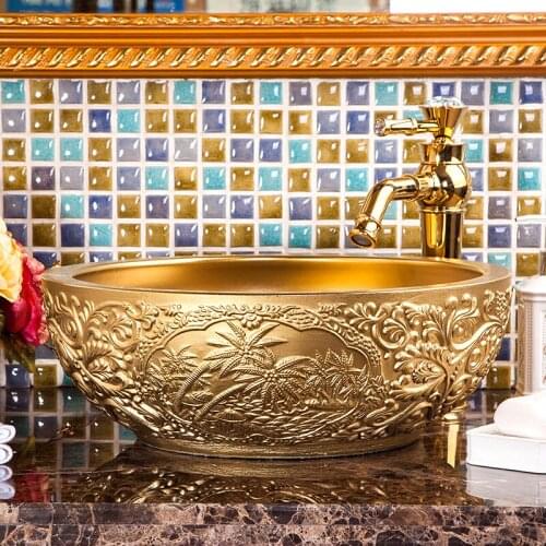 Ceramic table basin art basin carved golden wash basin European wash basin Hotel Gold Plated art basin