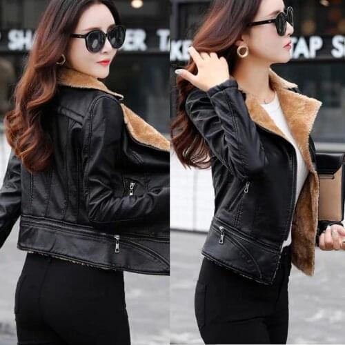 THEME 21 Pu Leather Jacket Women Fashion Outerwear Zipper Coral Fleece Collar Motorcycle Coat Short Faux Leather Biker Jacket