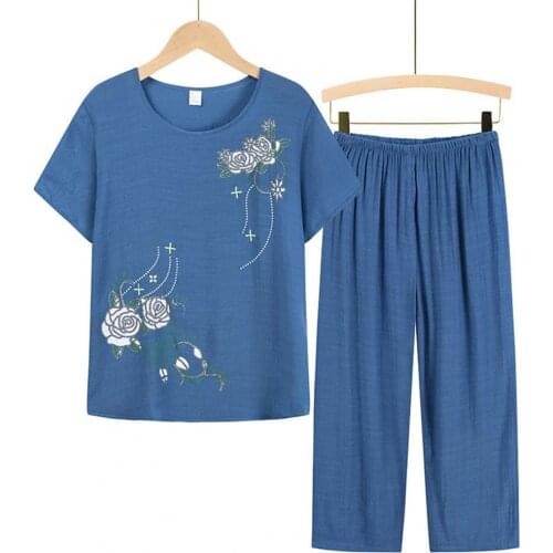 2021 Summer Women Homewear Casual Set Casual Short Sleeve O-neck Floral Print T-shirt Pants Loose Two Pieces Set Outfit
