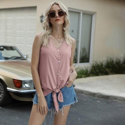 Allcolor Hot Selling Summer Tank Tops Ice Silk Rib Fabric V-neck Womens Sleeveless Cardigan T-shirt Lace-up Slim Shirt Vest