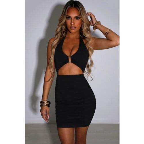 Halter Mini Dresses Summer Women Sexy Hollow Out Dress,Solid Color Sleeveless Neck Dresses Black/ Beige/ Orange