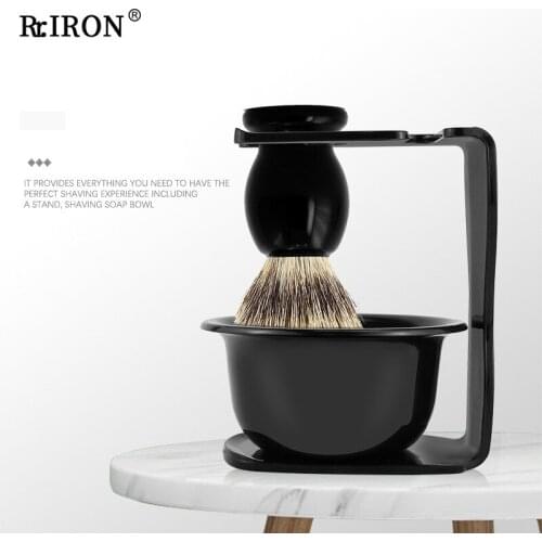 RIRON Senior Black Men Shaving Brush Holder Set Synthetic Badger Shaving Brush With Black Stand Facial Care Cleaning Tools