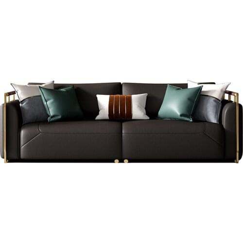 New Chinese leather solid wood sofa modern light luxury living room high-grade black gold wood sofa tea table combination