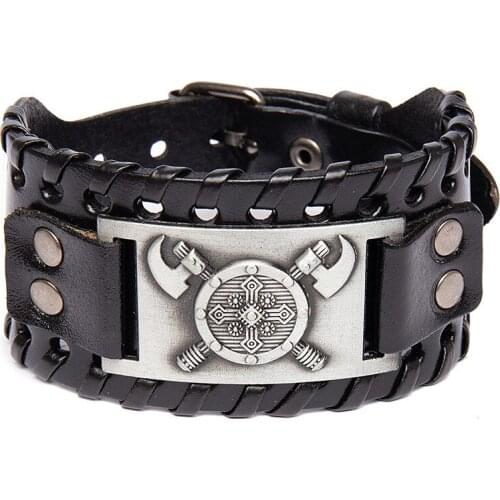 QIMING Kolovrat Slavic Hammer Of Thor Bracelet For Men Vintage Real Leather Amulets Wide Wrap Bracelets Bangle Gift