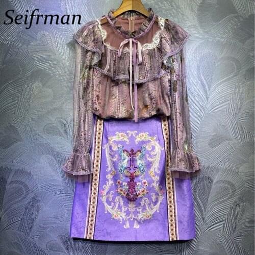 Seifrmann Women Summer Fashion Designer Skirt Set Ruffles Flare Sleeve Loose Blouses+High Waist A-Line Skirts 2 Two Pieces Suit