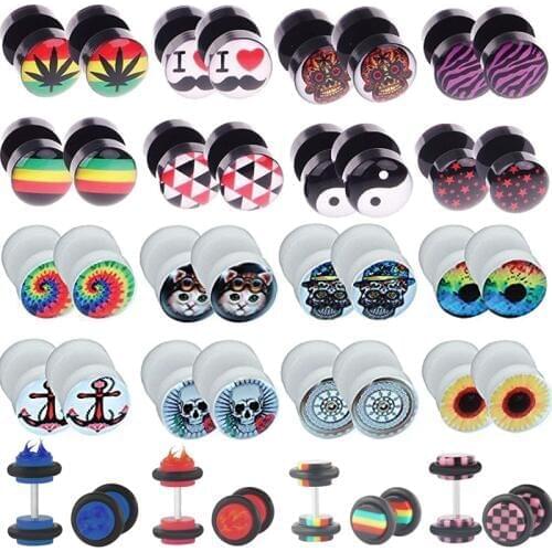 1Pair Skull Punk Earring Men Woman Fake Ear Plug Earring Cheater Piercing Earring Stud Yin Yang Gothic Fake Ear Gauge Jewelry