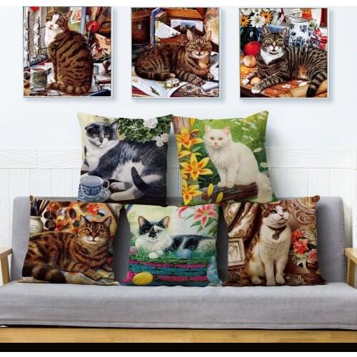 Cute Cartoon Oil Painting Pet Cat Print Cushion Cover Square Linen Pillowcase Kid Gift Sofa Home Decor Throw Pillows Covers