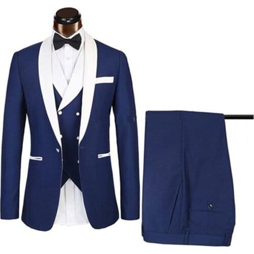 Blue Men Wedding Suits New Brand Fashion Design Real Groomsmen White Shawl Lapel Groom Tuxedos Mens Tuxedo Wedding Suits