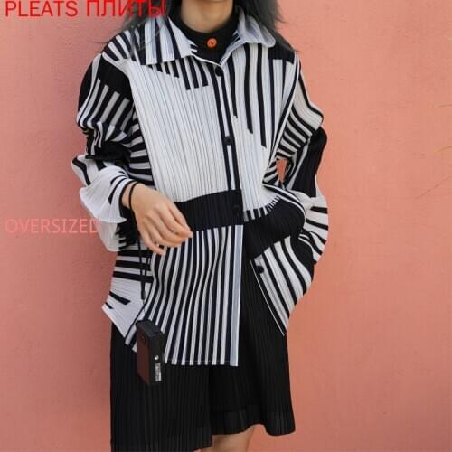 Textured Pleated Shirt Stripes MIYAKE Pleats Shirt Veste Femme Ropa De Mujer Chaqueta Mujer Vetement Femme