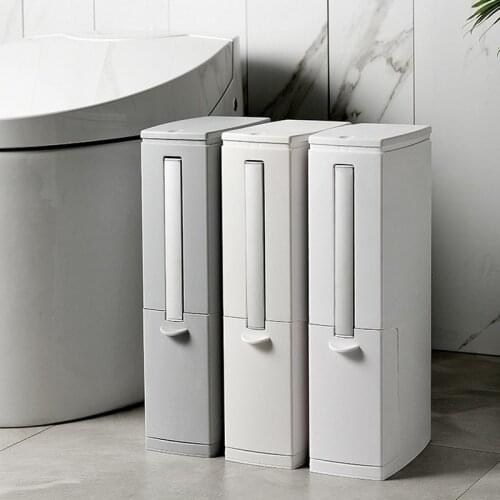 Narrow Trash Can Toilet Brush Set Multi-function Bathroom Kitchen Foldable Garbag Bin Bucket Bin with Hidden Toilet Brush Holder