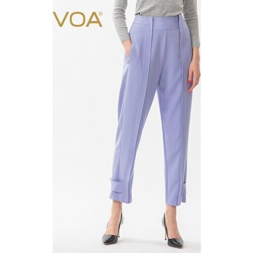 VOA silk 36m/m elastic heavyweight light purple mid waist concealed pull pocket loose leaf button closure crisp pants K1185