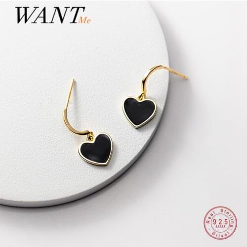 WANTME 925 Sterling Silver Punk Gothic Black Enamel Romantic Love Heart Stud Earrings for Women Charming Wedding Party Jewelry