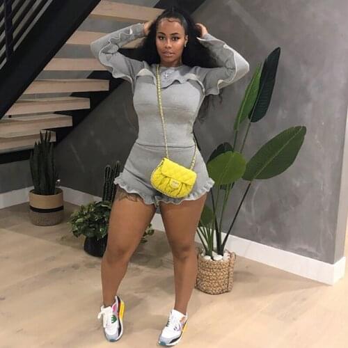 Casual Fashion Womens Suit Summer 2021 Solid Patchwork Long Sleeve Tops Zippering Shorts Sets Femme Sexy Streetwears