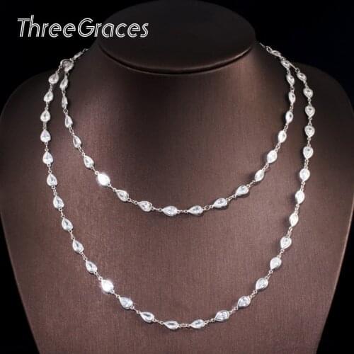 ThreeGraces Simple Multiple Layer Necklaces for Women Clear Cubic Zirconia Water Drop Shape Long Necklace Party Jewelry PN102