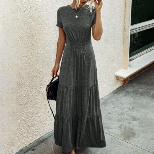 Woman Summer Dress 2021 Summer Solid Color Round Neck Pleated Slim-Thin Long Womens Dresses