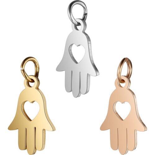 5pcs/Lot 100% Stainless Steel Charm Hand with Cut Out Heart Charms Pendants High Polished Accessory DIY Jewelry Finding Supplies