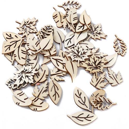 50pcs Natural Wood Chips Embellishments Scrapbooking Crafts Supplies Handmade Leaves Art Graffiti Button Mix Leaf