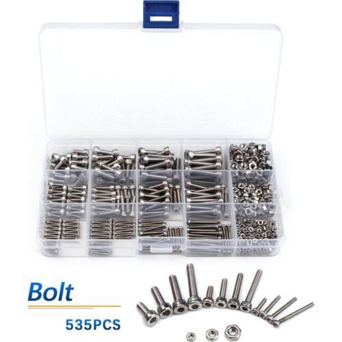535PCS Head Hex Socket Round Cylinder M2/M3/M4 Screw Bolt Nut 304 Stainless Steel Assortment Kit Fastener Hardware with Box
