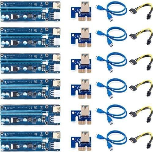 6Pcs VER009S USB 3.0 PCI-E Riser Express 1X 4X 8X 16X Extender Riser Adapter Card SATA 15Pin To 6 Pin Power Cable