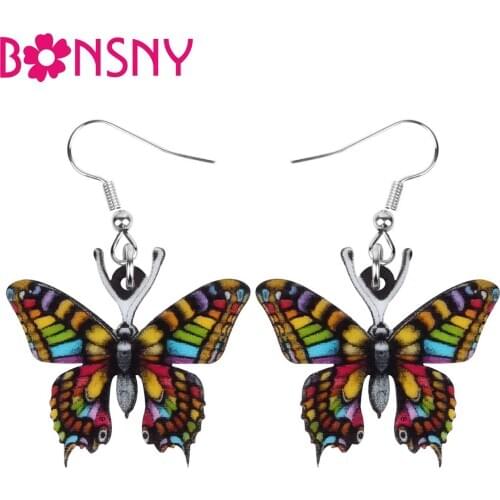Bonsny Acrylic Bright Color Butterfly Earrings Print Long Insect Animal Dangle Drop Jewelry For Women Kid Girl Gift Accessories