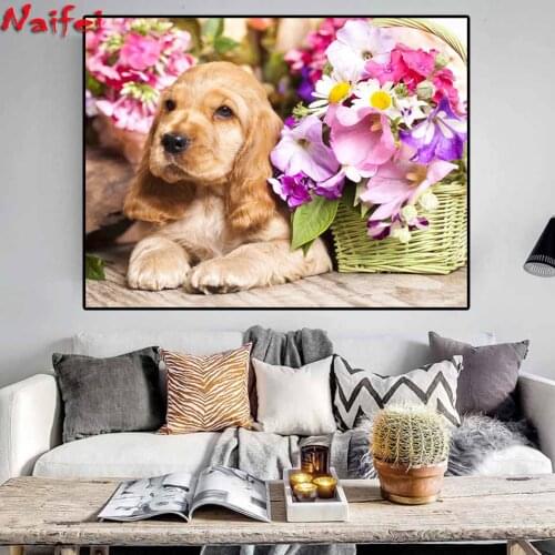 Diamond Painting Cocker Spaniel and Flowers pattern Cross Stitch 5D Diamond Embroidery dog Mosaic Picture Of Rhinestones Decor