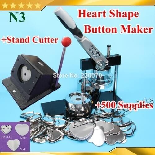 Free Shipping N3 Heart Shape 57x52mm Badge Button Maker Machine + Mould + Stand Cutter +500 Sets Metal Pinback Supplies