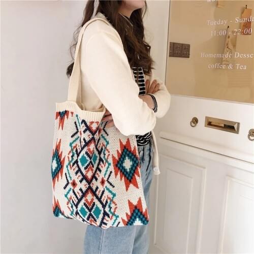 Boho Vintage Chic Knitting Handbag Women Crochet Vest Top-handle Bag Female Japanese Winter&fall Trendy Retro Shoulder Bag